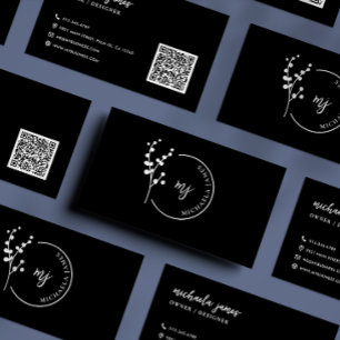 Cartão De Visita Logotipo Botânico Moderno Código QR de Letra Elega