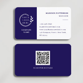 Cartão De Visita Logotipo Branco Azul Escuro Código QR Moderno Mini