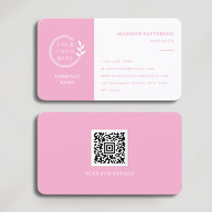 Cartão De Visita Logotipo branco cor-de-rosa Código QR Minimalista