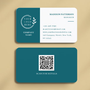 Cartão De Visita Logotipo branco teal Código QR Minimalista Moderno
