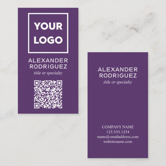 Cartão De Visita Logotipo comercial personalizado e código QR roxo  (Frente/Verso)