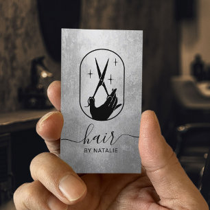 Cartão De Visita Logotipo da Mão de Tesoura Hair Stylist Modern Sil