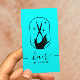 Cartão De Visita Logotipo da Tesoura e Mão do Cabelo Aqua Salon