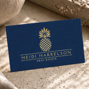 Cartão De Visita Logotipo de Abacaxi Dourado Elegante em Azul Marin