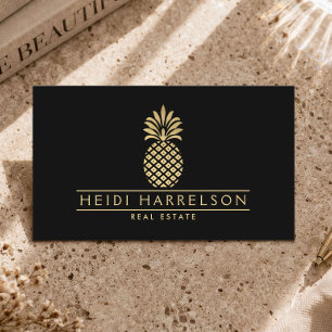 Cartão De Visita Logotipo de Abacaxi Dourado Elegante em Preto