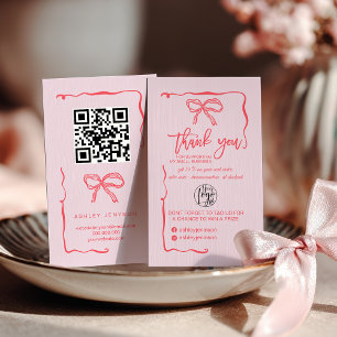 Cartão De Visita Logotipo de Arco Rosa Coquette QR Obrigado pela Co
