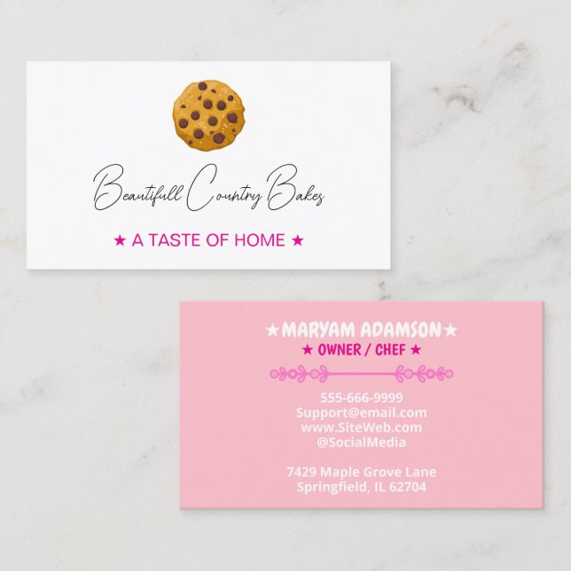 Cartão De Visita Logotipo de Biscoito Editável | Padaria Rosa Branc (Frente/Verso)