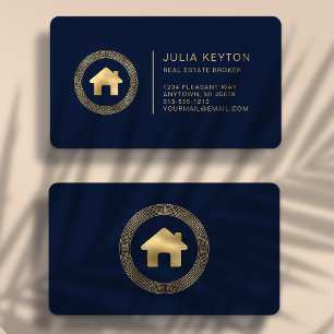 Cartão De Visita Logotipo de Casa de Imóveis Azul Marinho Dourado A