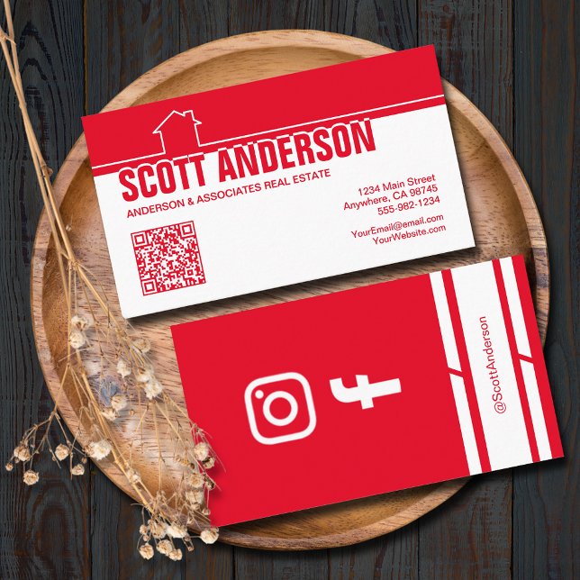 Cartão De Visita Logotipo de Casa Moderna Código QR de Mídia Social (Home logo QR Code social media red-white business cards - real estate, cleaning, construction)