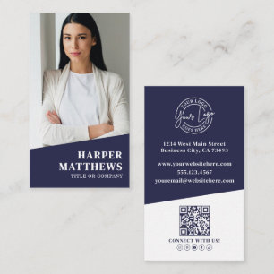 Cartão De Visita Logotipo de Código QR de Foto Azul Marinho Vertica
