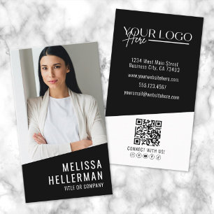 Cartão De Visita Logotipo de Código QR de Foto Contemporânea Preta 