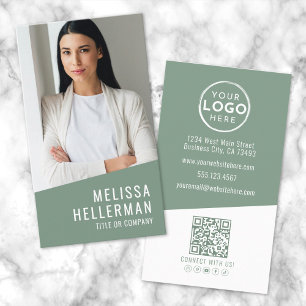 Cartão De Visita Logotipo de Código QR de Foto Contemporâneo Verde 