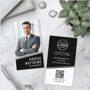 Cartão De Visita Logotipo de Código QR de Foto Preto Vertical