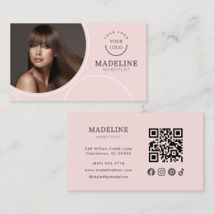 Cartão De Visita Logotipo de Código QR de Foto Rosa Corada Cabeleir