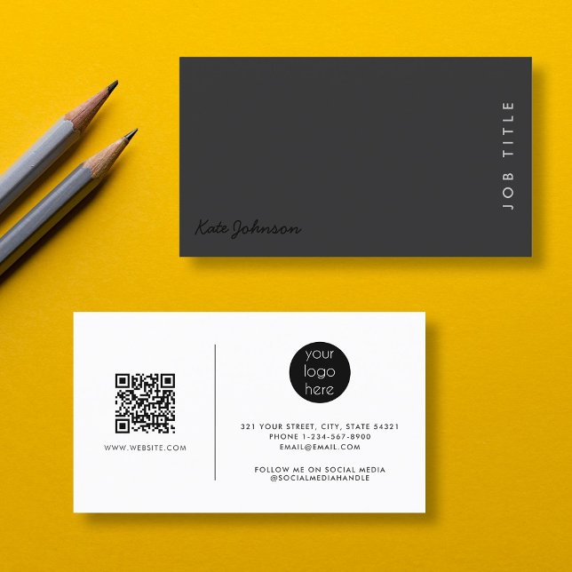 Cartão De Visita Logotipo de código QR minimalista preto de script  (Professional Script Black Minimalist QR Code Logo Business Card)