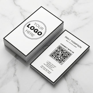Cartão De Visita Logotipo de Código QR Preto Branco Minimalista Mod
