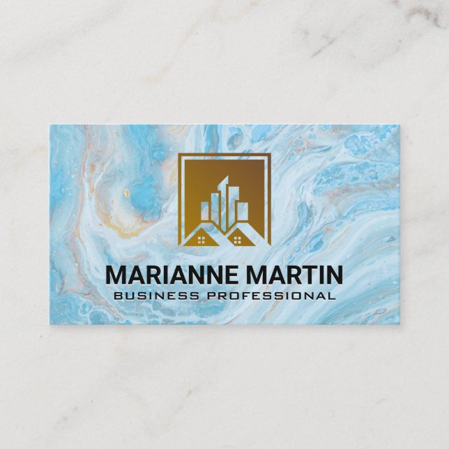 Cartão De Visita Logotipo de edifício imobiliário | Azul-mármore (Frente)