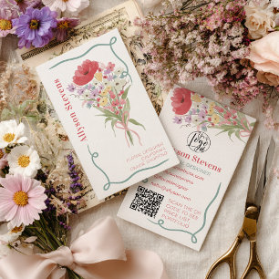 Cartão De Visita Logotipo de florista floral boho preppy qr em aqua