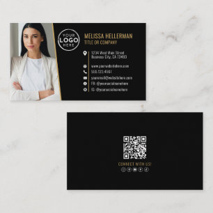 Cartão De Visita Logotipo de Foto Código QR Profissional Ouro Negro