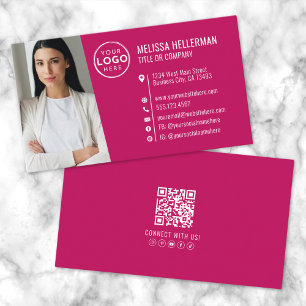 Cartão De Visita Logotipo de Foto com Código QR Profissional Rosa M