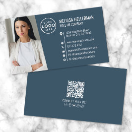 Cartão De Visita Logotipo de Foto de Código QR Profissional Azul Mo