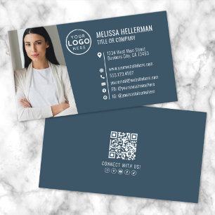 Cartão De Visita Logotipo de Foto de Código QR Profissional Azul Mo