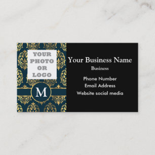 Cartão De Visita Logotipo de foto, modelo, azul teal e damask doura