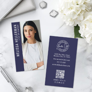 Cartão De Visita Logotipo de Foto QR Code Profissional Azul Marinho