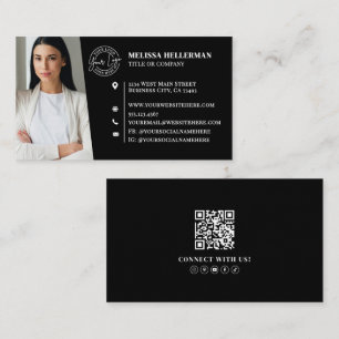 Cartão De Visita Logotipo de Foto QR Code Profissional Preto Modern
