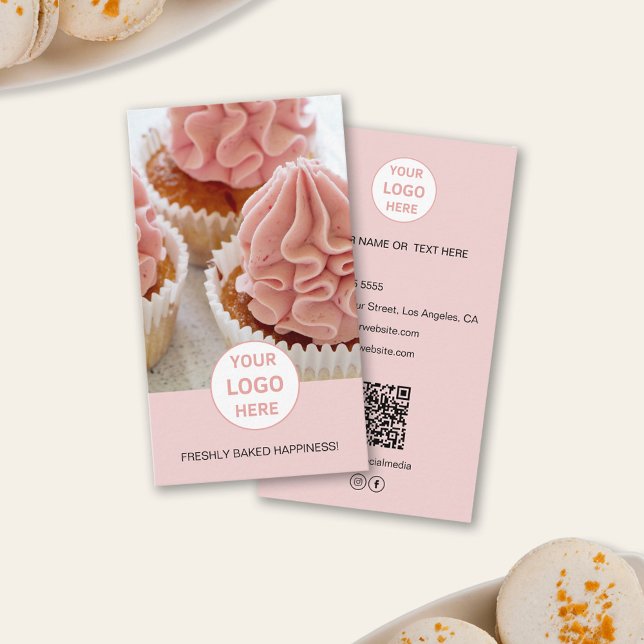 Cartão De Visita Logotipo de Fotografia Personalizado de Bakery Car (Bakery Custom Photo Logo QR Pink Business Card)