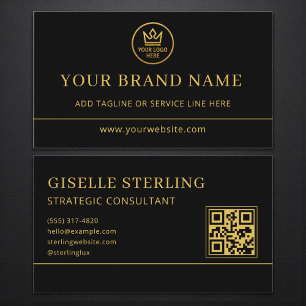 Cartão De Visita Logotipo de Luxo em Preto e Dourado com Código QR