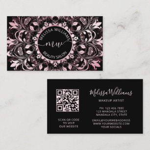 Cartão De Visita Logotipo de Mandala Preto Metálico Brilhante Rosa