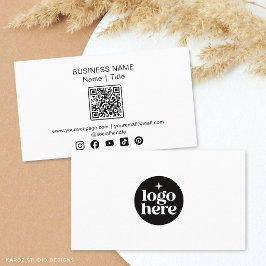 Cartão De Visita Logotipo de Mídia Social Código QR Minimal Branco