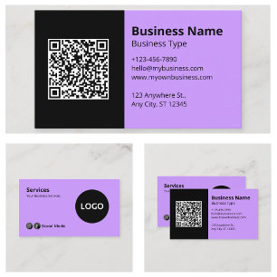 Cartão De Visita Logotipo de Negócios Lilás Preto Código QR Escaneá