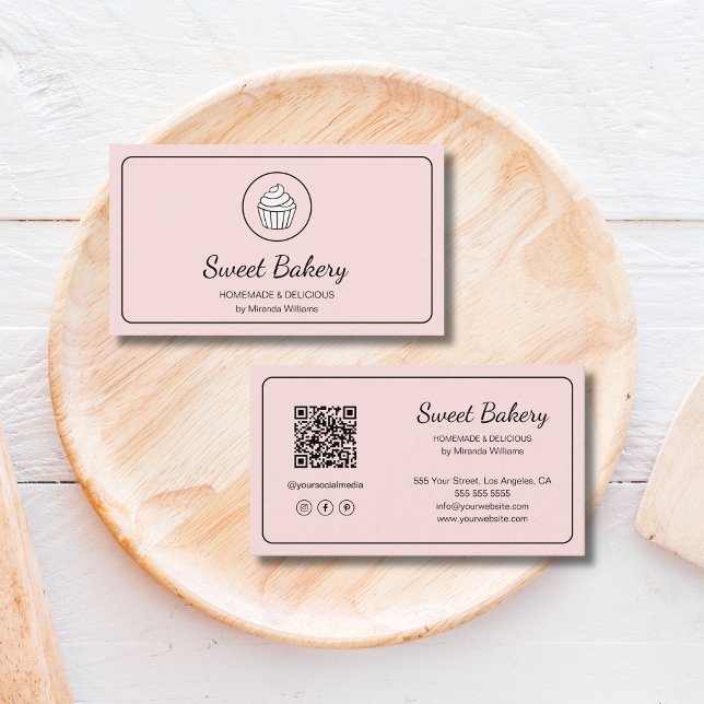 Cartão De Visita Logotipo de Padaria Moderna Código QR Rosa (Modern Bakery Logo QR Code Pink Business Card)