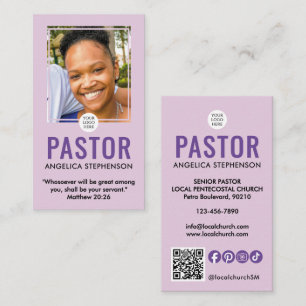 Cartão De Visita Logotipo de Pastor de Igreja QR Foto Roxo Lilás Mo