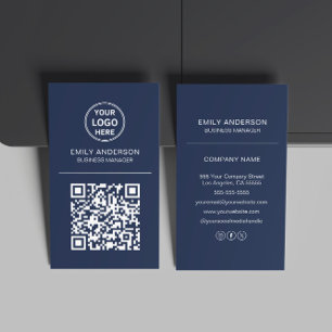 Cartão De Visita Logotipo de QR Code Personalizado Minimal Azul Mar