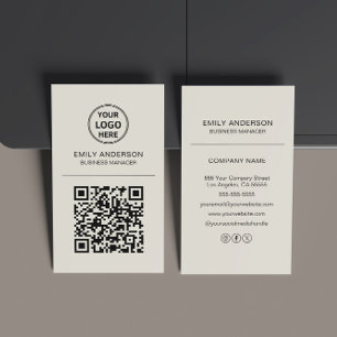 Cartão De Visita Logotipo de QR Code Personalizado Minimal Bege