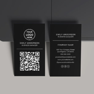 Cartão De Visita Logotipo de QR Code Personalizado Minimal Preto