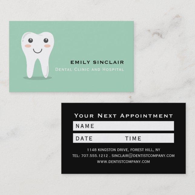 Cartão De Visita Logotipo Dente de Cartoon, Nomeação Dentista (Frente/Verso)
