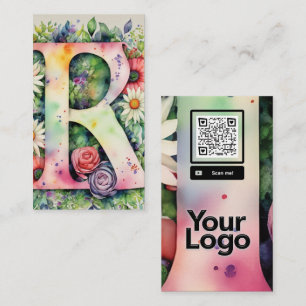 Cartão De Visita Logotipo do código QR da cor aquática floral monog