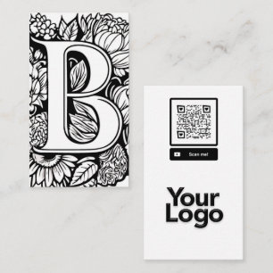 Cartão De Visita Logotipo do código QR Floral Branco e Preto, com u