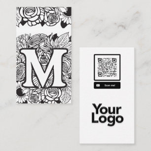 Cartão De Visita Logotipo do código QR Floral Branco e Preto M, mon