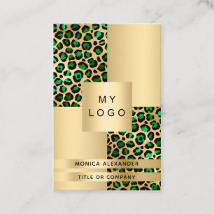 Cartão De Visita Logotipo do leopardo de ouro verde-esmeralda QR