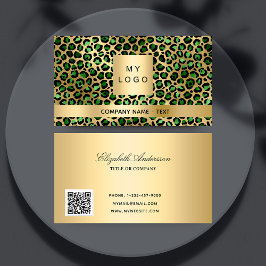 Cartão De Visita Logotipo do leopardo de ouro verde-esmeralda QR