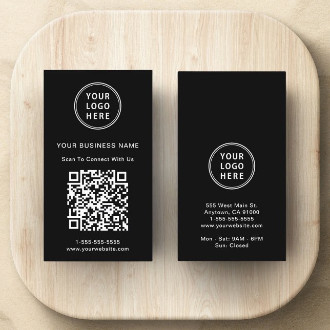 Cartão De Visita Logotipo do Promocional moderno Código QR preto (Modern logo and QR code professional black business card)