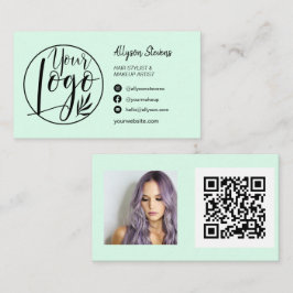 Cartão De Visita Logotipo do símbolo qr da maquiagem do cabelo verd