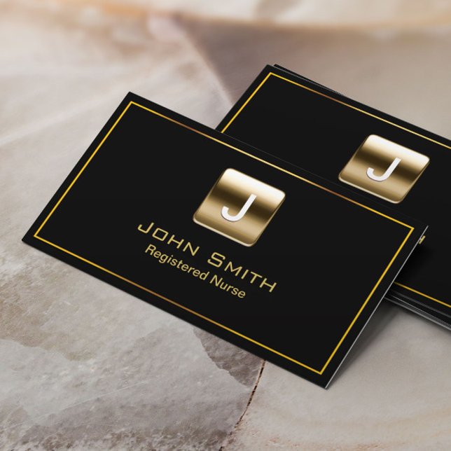 Cartão De Visita Logotipo Dourado de enfermeiro profissional preto  (Criador carregado)