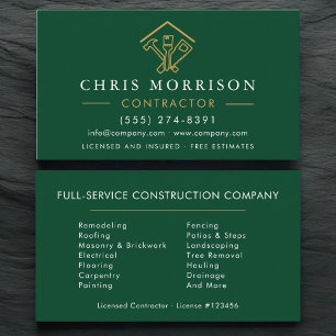 Cartão De Visita Logotipo Dourado de Reparos Domésticos Verdes Eleg