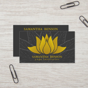 Cartão De Visita Logotipo Dourado Elegante Lotus Yoga Floral Preto